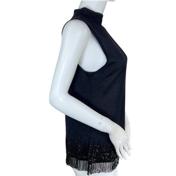 Adrianna Papell Beaded Hem Mock Neck Black Knit Sleeveless Sweater Top Petite M - Picture 2 of 5
